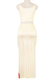 Apricot Elegant Print Patchwork Backless Square Neck Sleeveless Two Pieces