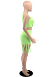 White Sexy Casual Solid Color Fringed Trim U Neck Sleeveless Two Pieces