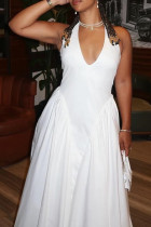 White Elegant Solid Color Patchwork Backless Strap Design Zipper Halter A Line Dresses