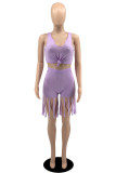 White Sexy Casual Solid Color Fringed Trim U Neck Sleeveless Two Pieces