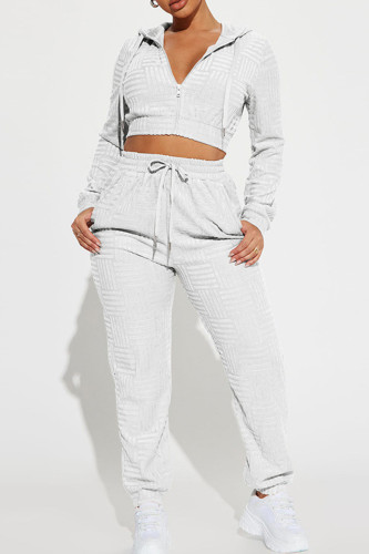 White Sportwear Casual Zipper Hooded Long Sleeve Crop Jackets And Draw String Pocket Pants Two Pieces Sweatpants Sets