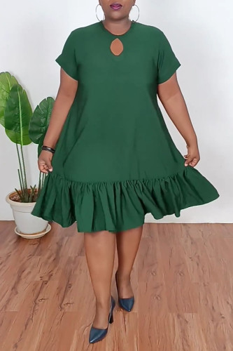 Green Casual Street Daily Vacation Hollow Out Solid Color O Neck Dresses
