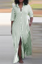 Green Casual Striped Print Buttons Slit Turndown Collar Shirt Dresses