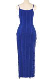 Blue Sexy Solid Color Hollow Out Patchwork Ruched Spaghetti Strap Sling Dresses