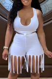 White Sexy Casual Solid Color Fringed Trim U Neck Sleeveless Two Pieces