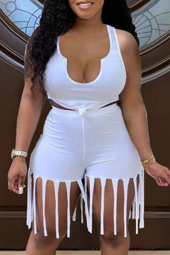White Sexy Casual Solid Color Fringed Trim U Neck Sleeveless Two Pieces