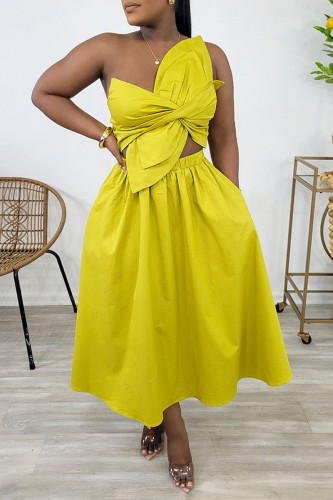 Yellow Sexy Casual Street Daily Vacation Solid Color Strapless Asymmetrical Dresses
