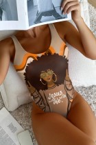 Dark Khaki Sexy Letter Print Basic Swimwears (Without Paddings)