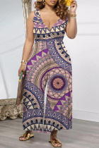 Pink Casual Geometric Print Pocket Contrast V Neck Loose Jumpsuits