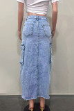 Light Blue Street Solid Color Pocket Patchwork High Slit Zipper High Waist Straight Denim Skirts