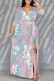 Pink Elegant Flowers Print Lace Up Slit V Neck Printed Plus Size Dresses