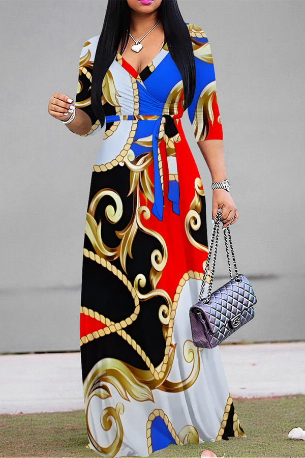 Red Blue Elegant Geometric Print Lace Up V Neck Printed Dresses