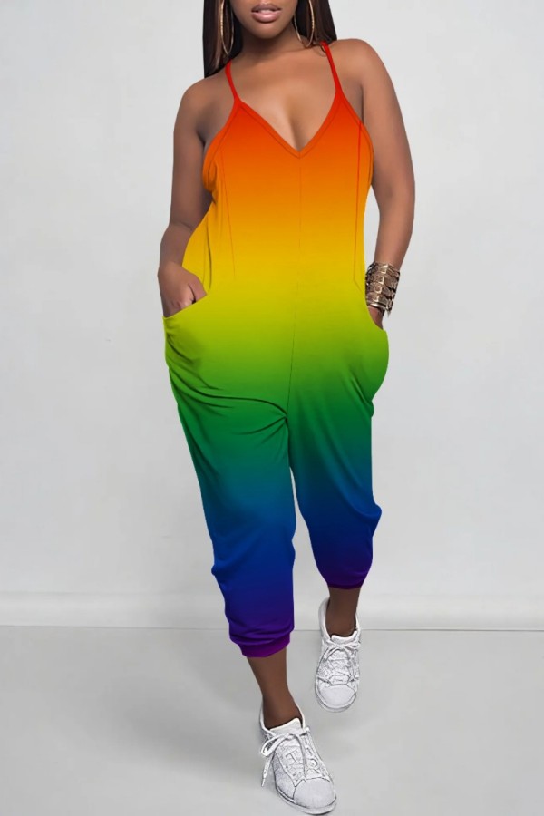 Orange Green Casual Gradient Print Backless Spaghetti Strap Regular Jumpsuits