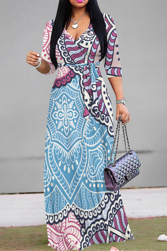Baby Blue Elegant Geometric Print Lace Up V Neck Printed Dresses