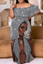 Silver Casual Print Patchwork Off Shoulder Long Plus Size Dresses
