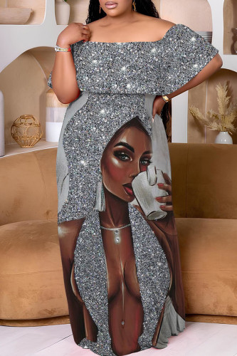 Silver Casual Print Patchwork Off Shoulder Long Plus Size Dresses