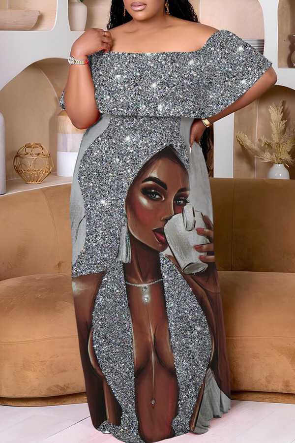 Silver Casual Print Patchwork Off Shoulder Long Plus Size Dresses