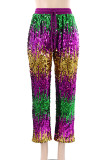 Multicolor Sexy Sequins Lace Up Patchwork Contrast Loose Mid Waist Wide Leg Patchwork Bottoms
