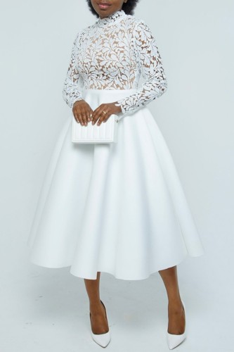 White Casual Solid Color Lace Patchwork Long Sleeve Dresses