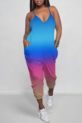 Powder Blue Casual Gradient Print Backless Spaghetti Strap Regular Jumpsuits