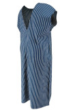 Blue Casual Stripe Patchwork Backless V Neck Straight Plus Size Dresses