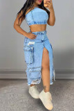 Light Blue Street Solid Color Pocket Patchwork High Slit Zipper High Waist Straight Denim Skirts
