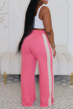 Blue Casual Stripe Lace Up Patchwork Loose High Waist Wide Leg Patchwork Bottoms