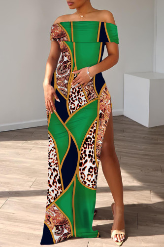 Green Casual Print Slit Off Shoulder Long Dresses