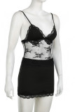 Black Sexy Solid Color Lace Patchwork Backless Spaghetti Strap Sleeveless Two Pieces