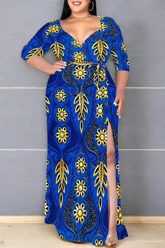 Dark Blue Elegant Floral Print Lace Up Slit V Neck Printed Plus Size Dresses