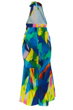 Colour Street Print Patchwork Backless Strap Design O Neck Long Dresses