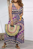 Purple Casual Geometric Print Pocket Contrast V Neck Loose Jumpsuits