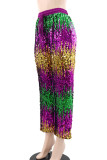 Multicolor Sexy Sequins Lace Up Patchwork Contrast Loose Mid Waist Wide Leg Patchwork Bottoms