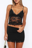 Black Sexy Solid Color Lace Patchwork Backless Spaghetti Strap Sleeveless Two Pieces