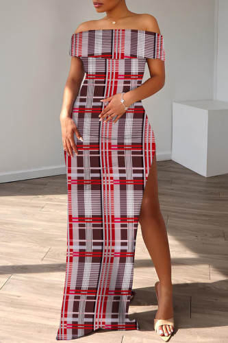 Red Casual Print Slit Off Shoulder Long Dresses