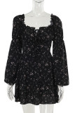 Black Celebrities Print Hollow Out Patchwork Backless Strap Design Square Neck A Line Dresses