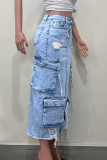 Light Blue Street Solid Color Pocket Patchwork High Slit Zipper High Waist Straight Denim Skirts