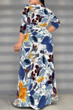 Pink Elegant Flowers Print Lace Up Slit V Neck Printed Plus Size Dresses