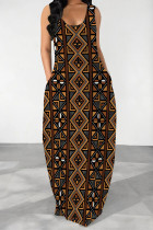 Brown Casual Geometric Print Pocket Contrast U Neck Printed Dresses