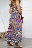 Purple Casual Geometric Print Pocket Contrast V Neck Loose Jumpsuits