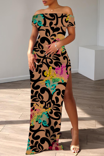 Brown Casual Print Patchwork Slit Off Shoulder Long Dresses