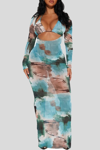Light Blue Sexy Print Hollow Out Patchwork Strap Design Asymmetrical Collar Long Sleeve Three Pieces