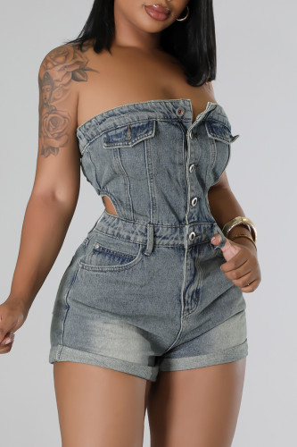Blue Gray Sexy Solid Color Pocket Buckle Patchwork Zipper Strapless Sleeveless Skinny Denim Jumpsuits