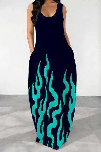 Cyan Green Casual Geometric Print Pocket U Neck Printed Dresses