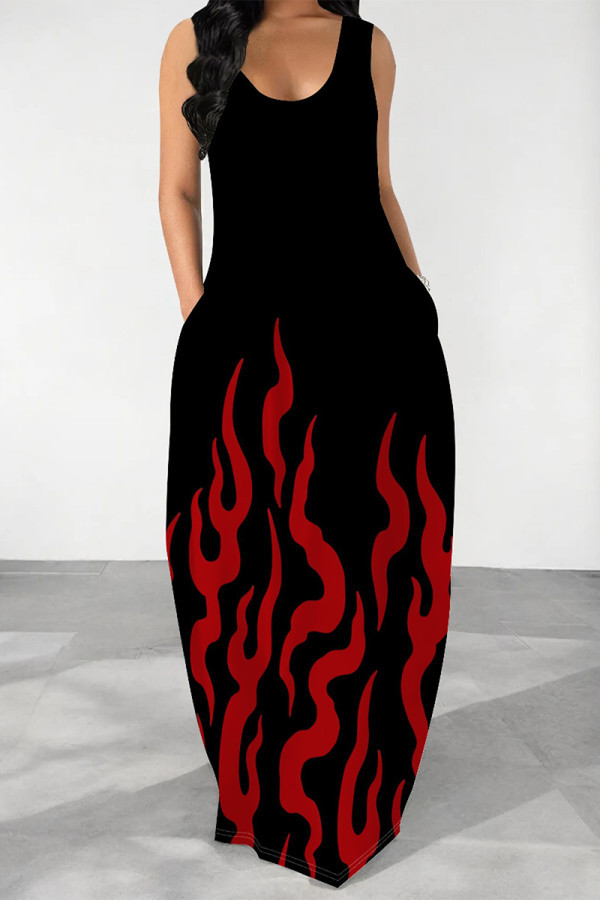 Red Casual Geometric Print Pocket U Neck Printed Dresses