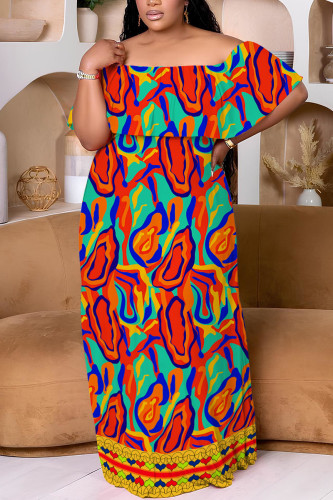 Red Casual Print Patchwork Off Shoulder Long Plus Size Dresses