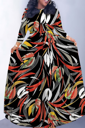 Black Casual Leaf Print Basic O Neck Long Dresses