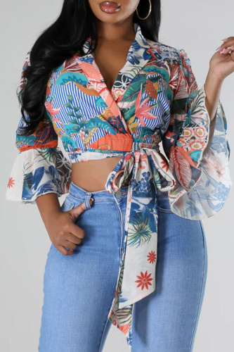 Colour Street Print Pocket Patchwork Strap Design Turndown Collar Tops