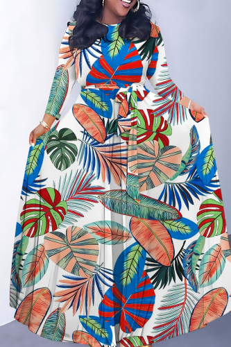 White Casual Leaf Print Basic O Neck Long Dresses