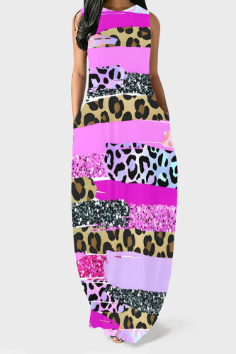 Rose Pink Casual Geometric Print Leopard Print Pocket Contrast O Neck Printed Dresses